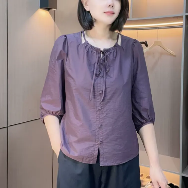 2025夏季新款时尚中年妈妈纯色百搭衬衫宽松遮肉显瘦休闲圆领上衣
