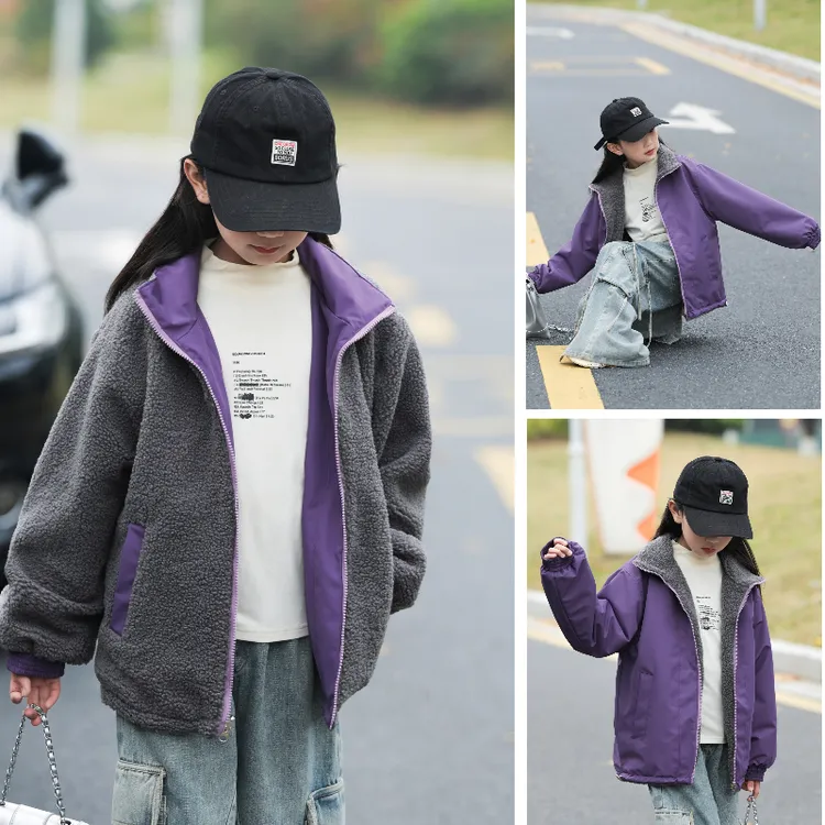 女童外套2025新款洋气中大童加厚羊羔绒保暖上衣立领两面穿毛毛衣