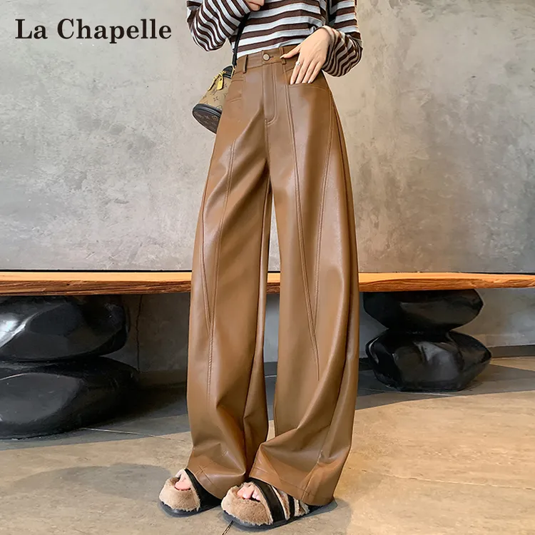 拉夏贝尔美拉德咖色PU皮裤女秋冬新款西装裤加绒加厚香蕉阔腿裤子