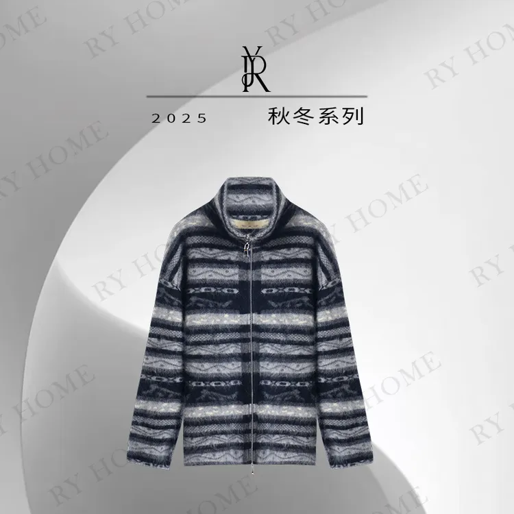 【容雨RYHOME】山羊绒绵羊毛拉毛绒感条纹开衫外套253W2574