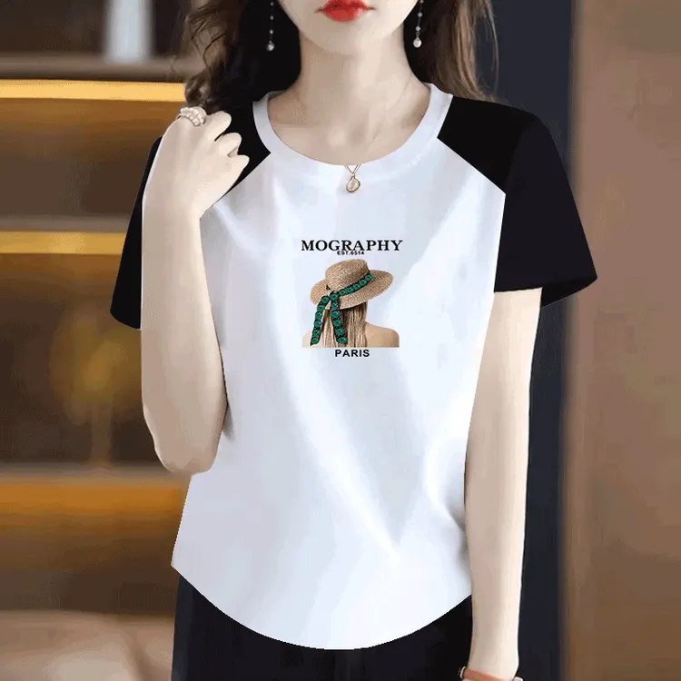 短袖纯棉个性女夏2025新款宽松大码简约休闲圆领印花遮肚体恤ins
