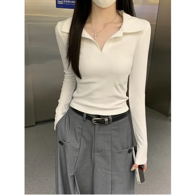 辣妹修身气质Polo领收腰短款长袖打底上衣女秋季2025内搭翻领T恤