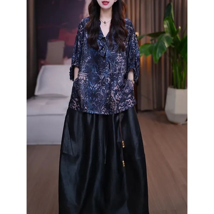 高端洋气宽松时尚套装女2025夏装新款复古大码显瘦开衬衫+半身裙