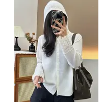 法式温柔钩花韩版全羊毛连帽软糯好穿针织开衫秋冬新显瘦洋气毛衣