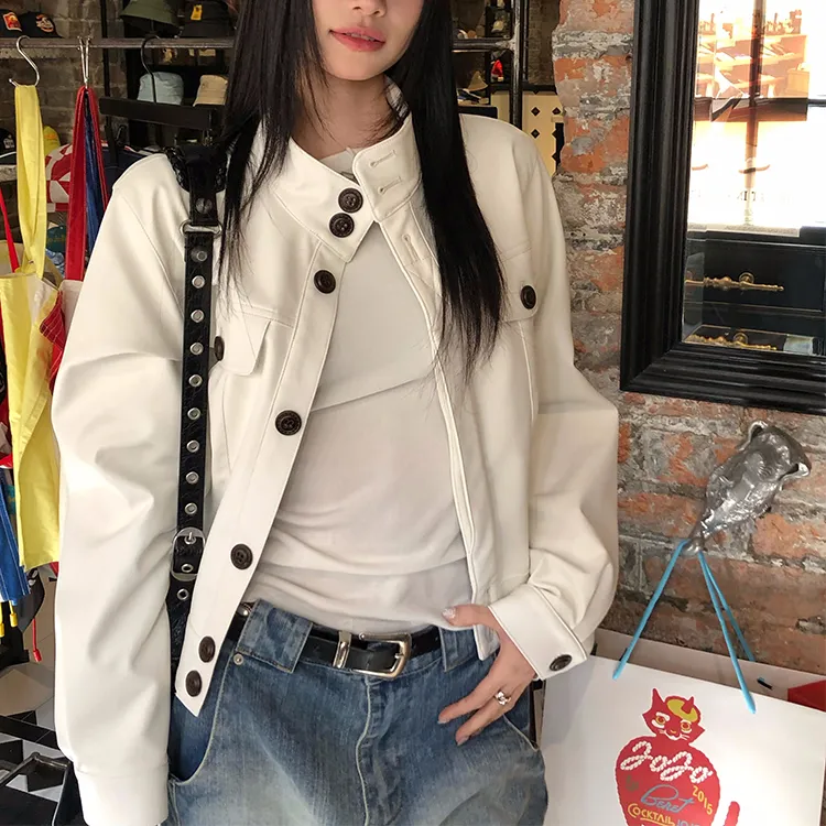 白色皮衣女春秋薄款2025女春秋新款小众设计感宽松休闲韩版短外套