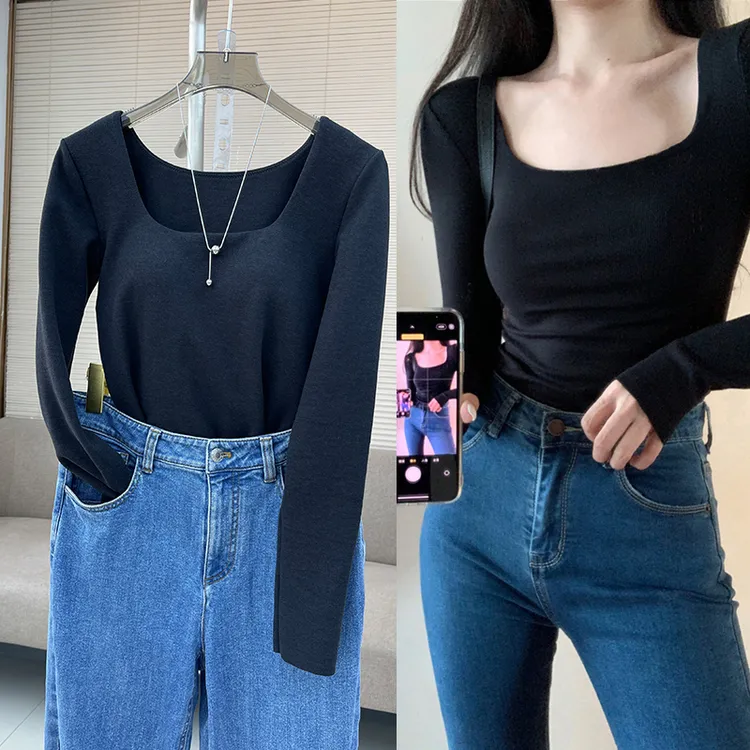秋冬方领季保暖内衣一体式自带胸垫内搭外穿打底长袖修身上衣女士