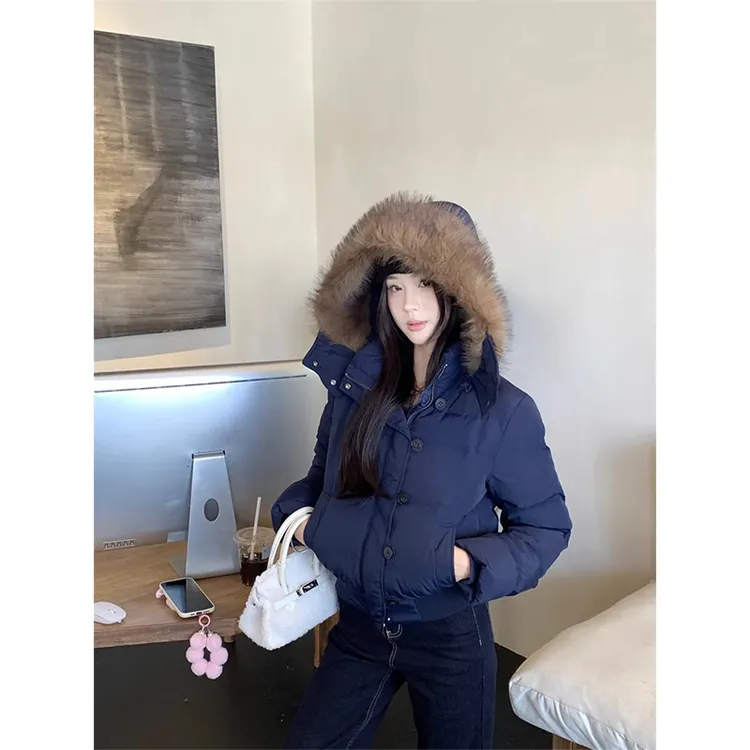 藏青色大毛领连帽冬季新款棉服外套女冬季防寒面包服加厚棉衣短款