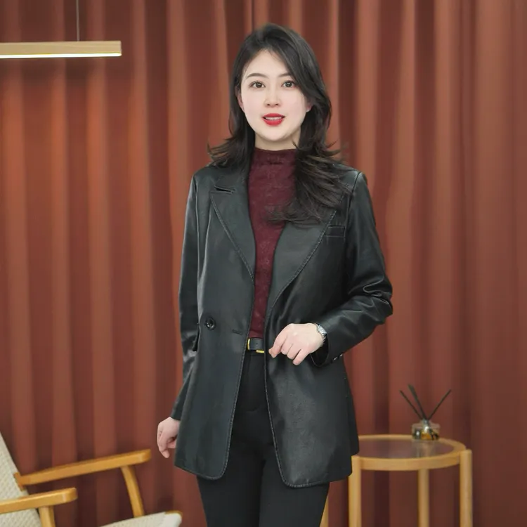 秋季女士新款皮衣西装皮衣修身显瘦中长款皮衣