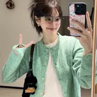早秋薄荷绿色针织衫女学院风甜美小上衣软糯开衫外搭毛衣外套复古