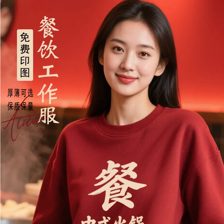 餐饮酒店工作服长袖卫衣餐厅火锅烧烤饭店服务员工装定制刺绣LOGO