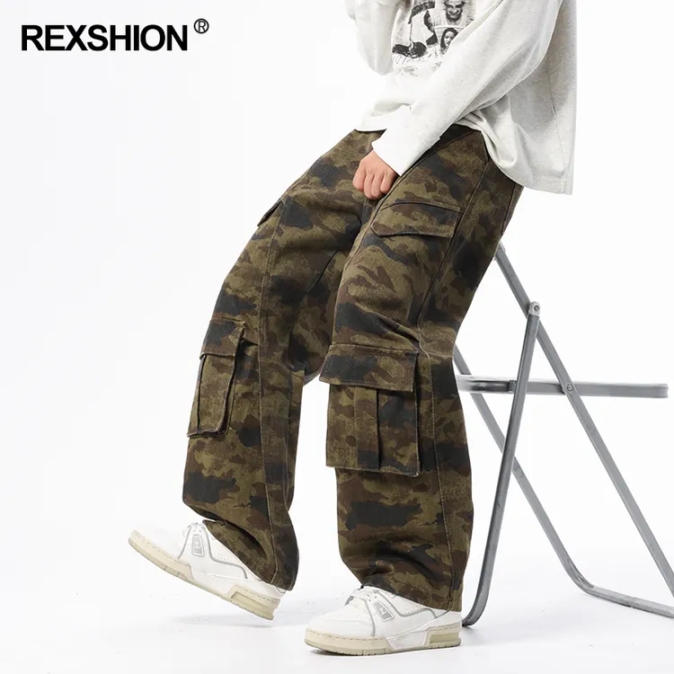 REXSHION美式高街潮流休闲宽松百搭裤男秋季新款弯刀直筒牛仔裤男