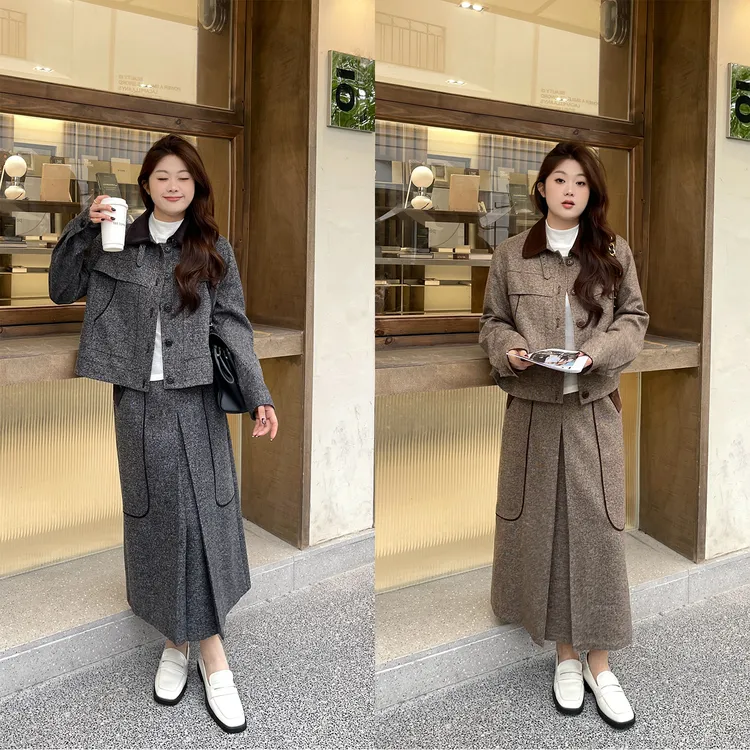 裂渡宣宣【古早千金】微胖大码女秋冬ins夹克棉服+半裙套装ZY509V10