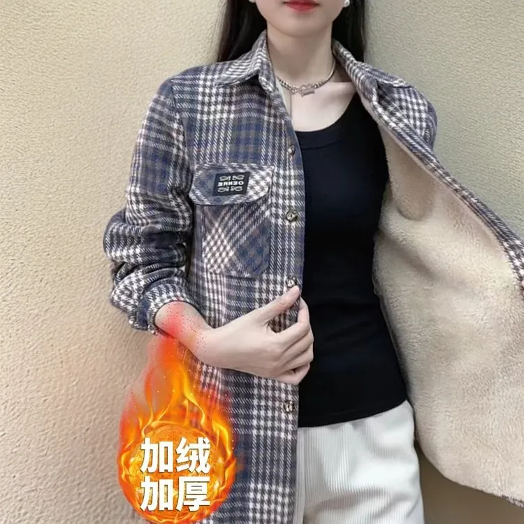 610克新款 加绒加厚格子衬衫女中长款厚绒格子外套一体绒打底