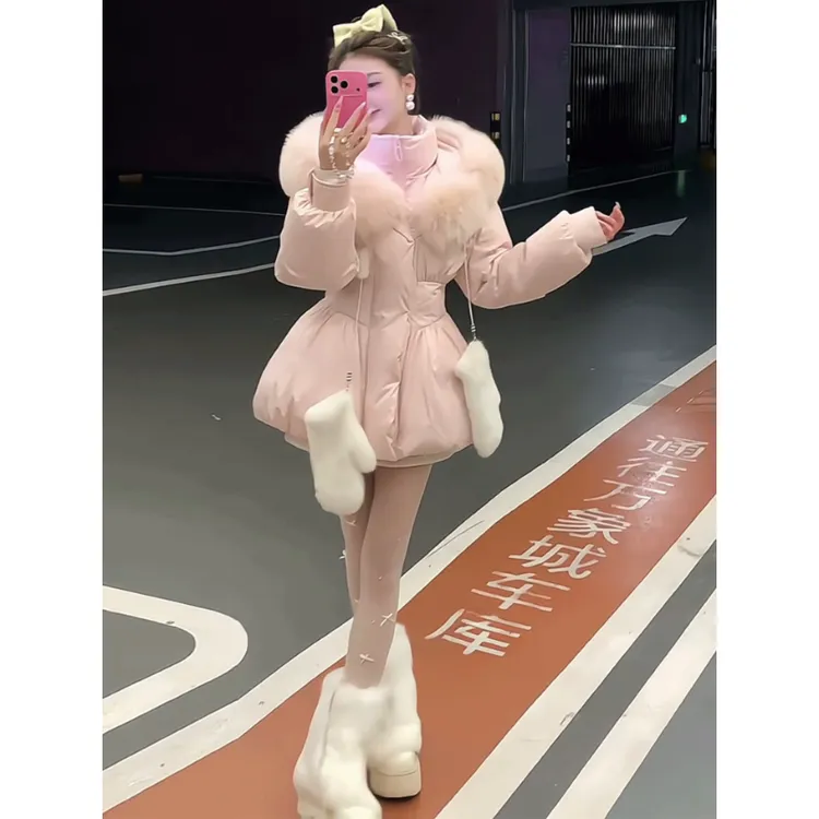 韩版时尚甜美风气质大毛领棉衣棉服2025冬季新款连帽保暖外套新款