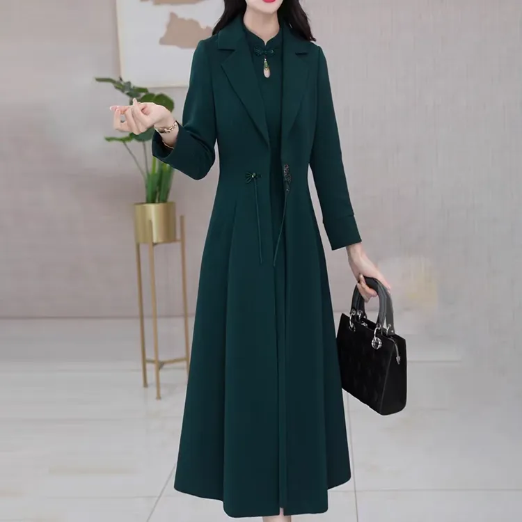 莱雅精纺两件套2025秋季新款气质女显瘦风衣外套新中式连衣裙套装