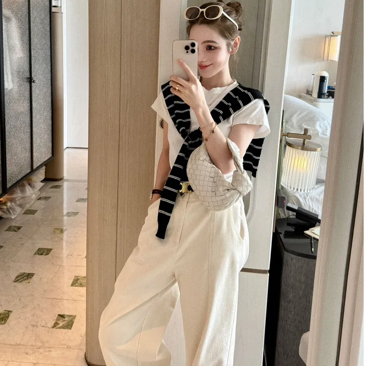 小香风轻奢风通勤上衣女韩版裤子休闲风时尚套装披肩条纹减龄气质