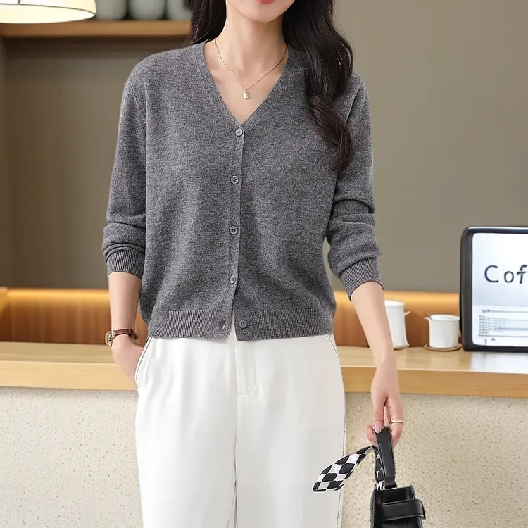 【斯蘭多】100%纯羊毛短款V领开衫春秋新款韩版薄款羊毛衫百搭外穿