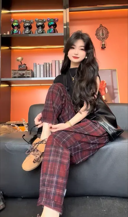 秋季女休闲裤子宽松简约百搭修身格子裤松紧腰哈伦裤长裤时尚潮