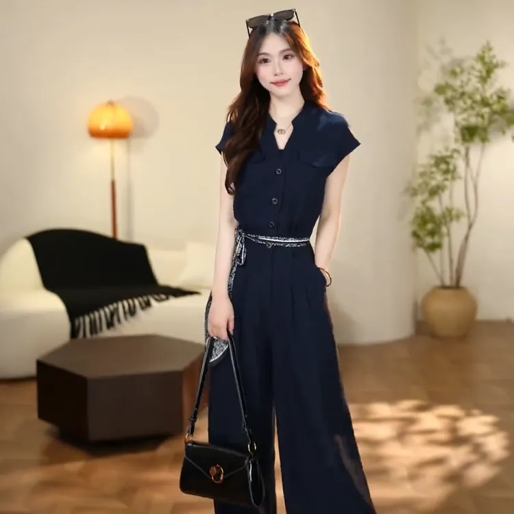 拉夏贝尔小个子时尚套装洋气2025夏季新款气质收腰舒适连体裤套装