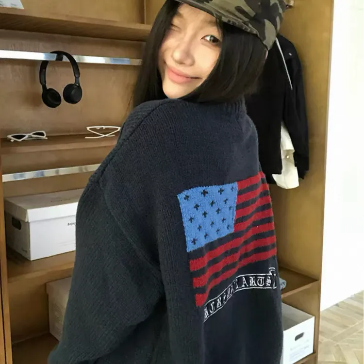 自制美式提花拼接长袖毛衣男女宽松休闲百搭针织上衣