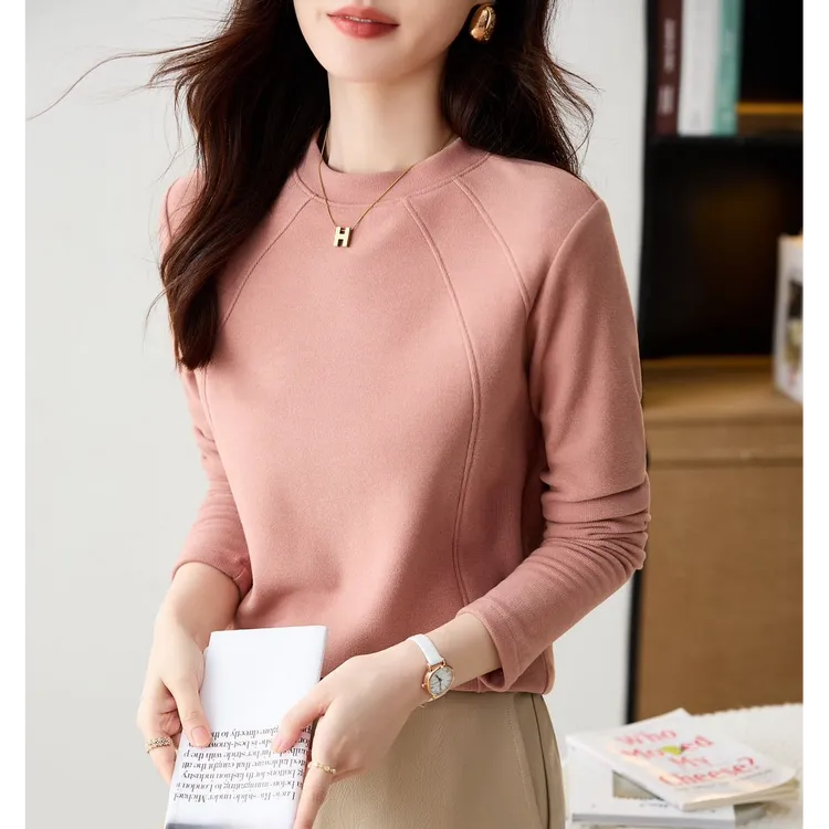 【13-916-wyf】秋冬德绒新款女士纯色圆领长袖不起球T恤洋气套头