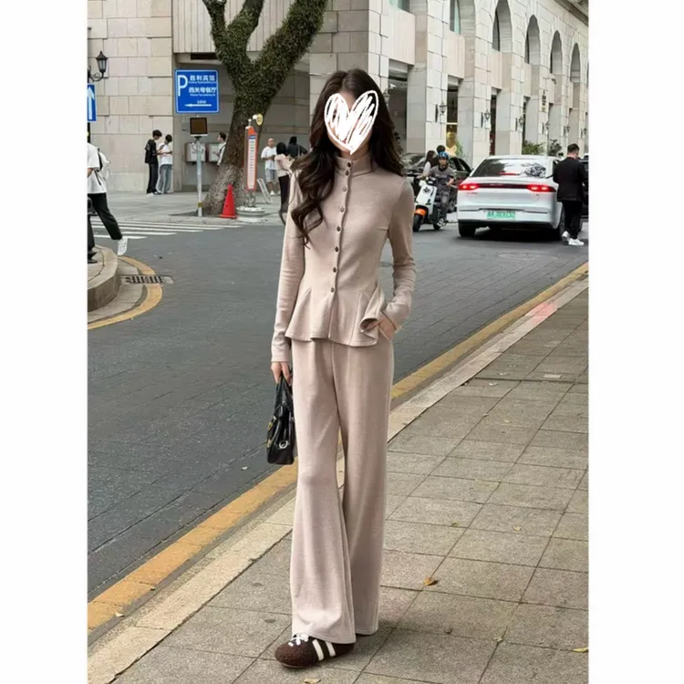 2025小个子秋冬新款立领显瘦上衣阔腿长裤加绒两件套