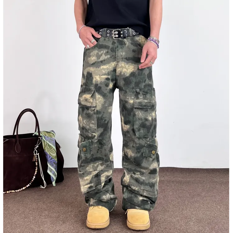 SWAG复古晕染迷彩多口袋工装裤男女街头跳舞运动直筒阔腿休闲裤子