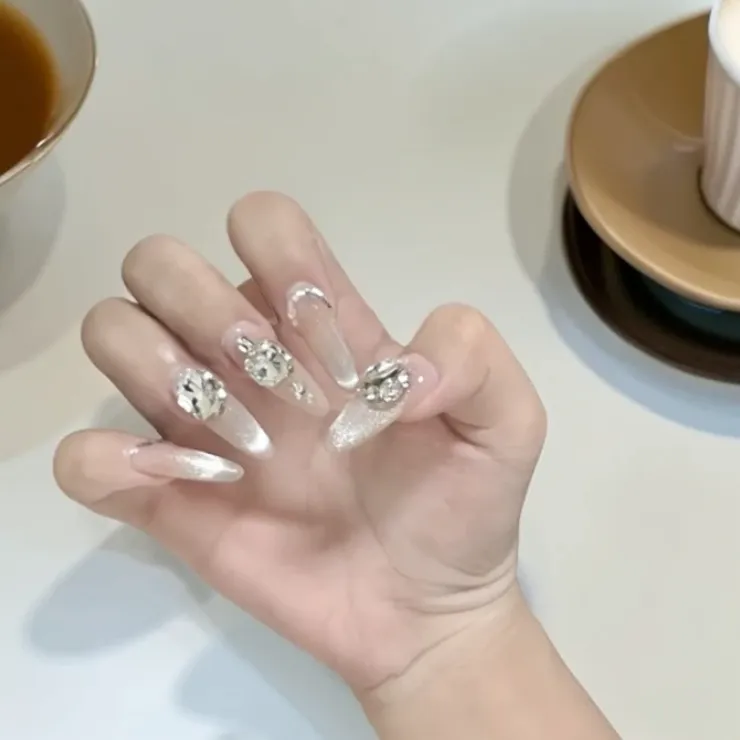 纯手工穿戴甲水晶之恋爆闪钻猫眼长款显白气质可拆卸美甲