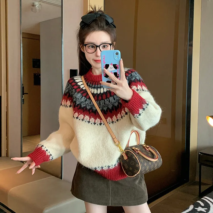 红色费尔岛套头毛衣女2025新款冬季加厚高级感慵懒复古内搭针织衫