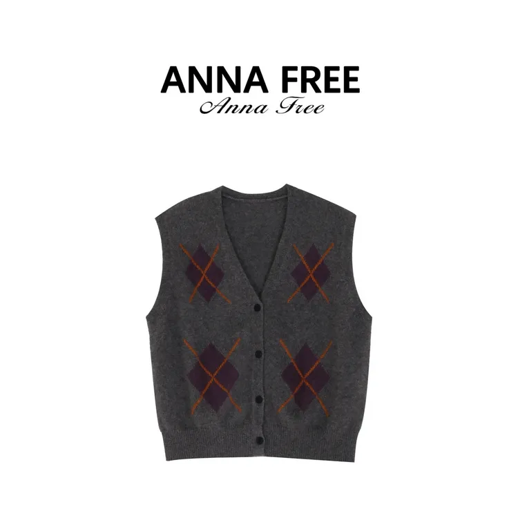 ANNA FREE 菱形格秋冬新款内搭马甲针织单排扣拼色马夹女Z8709