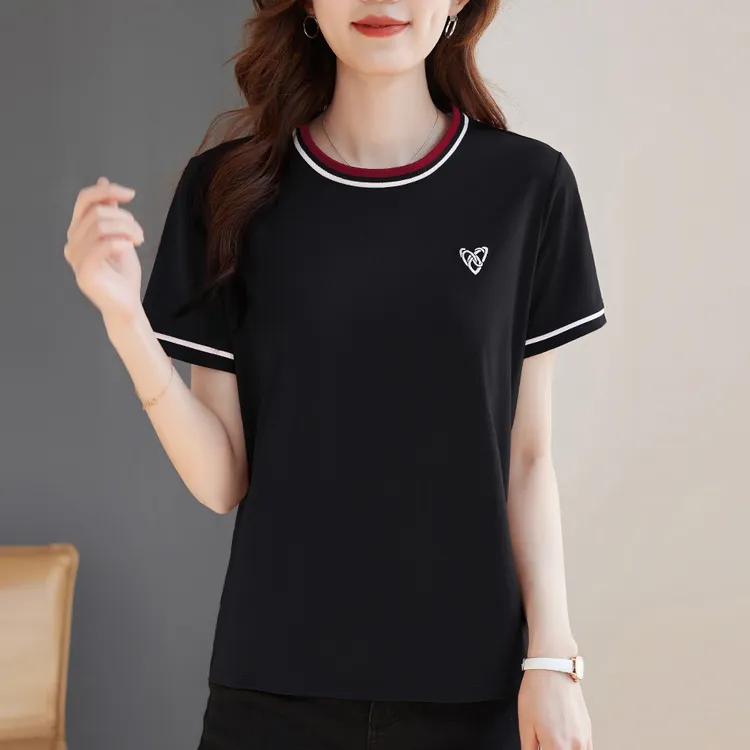 2025夏季新款宽松短袖撞色拼接T恤洋气减龄爱心刺绣时尚百搭上衣