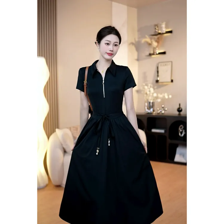 SSHAN珊珊【黑茶】时尚气质简约拼接连衣裙收腰显瘦A字小黑裙8611D