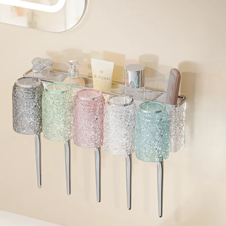 水波纹家用牙刷架免打孔刷牙漱口杯牙缸牙杯架卫生间洗漱台置物架
