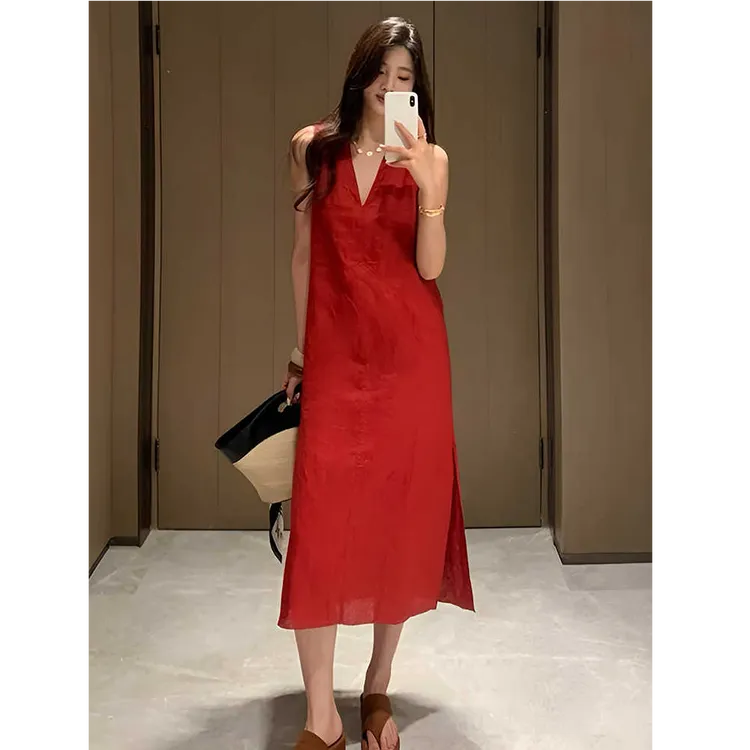 法式红色棉麻连衣裙女夏季2024新款简约时尚气质v领背心亚麻长裙