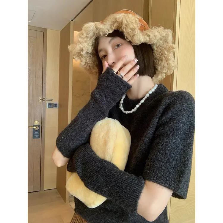 慵懒袖套小众可拆卸设计针织半袖超柔兔毛短袖针织衫毛衣
