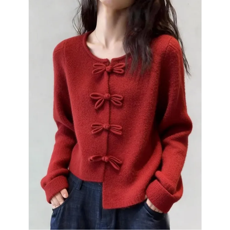 新中式拜年服中国红色毛衣加厚针织开衫秋冬季软糯早春毛衣外套女