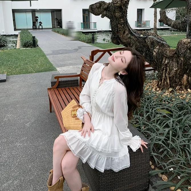 西米家小个子【云纱牧谣】 长袖连衣裙女早秋蕾丝蛋糕裙短裙子2592#