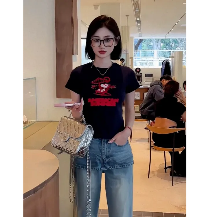 美式潮牌藏蓝色正肩印花圆领短袖T恤女2025春季新款半袖体恤上衣
