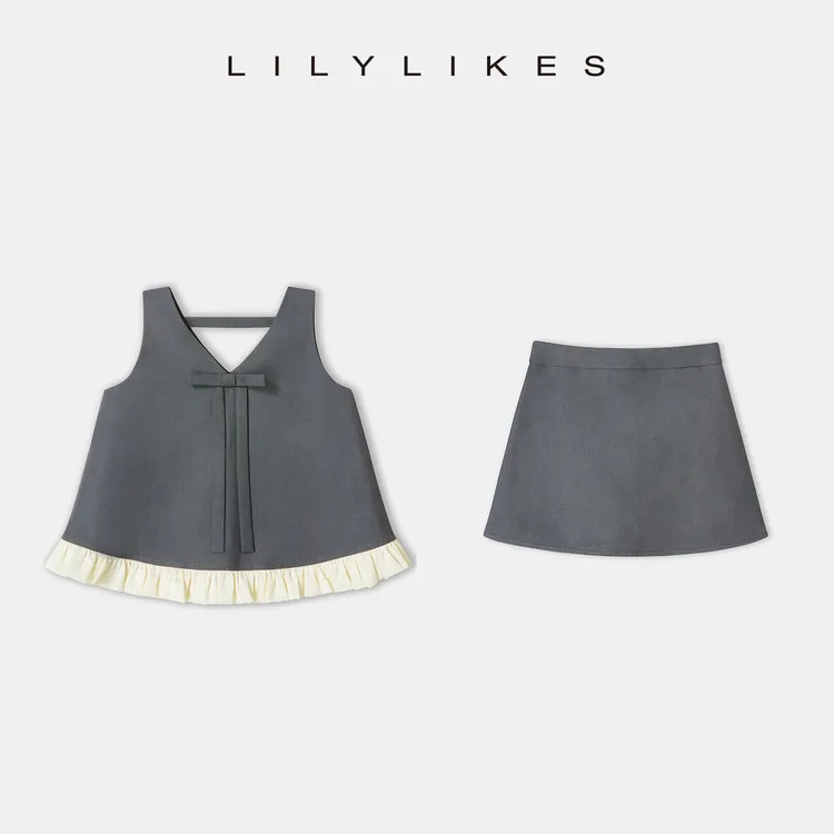 【LILYLIKES】天丝醋酸法式挂脖撞色无袖上衣/半裙