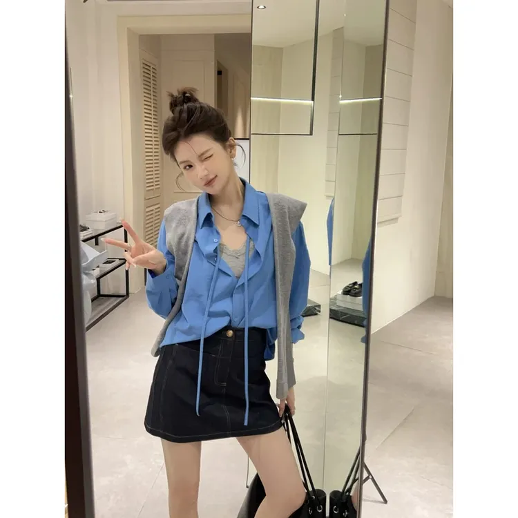 韩系设计感慵懒风蓝色衬衫女春季2025新款高级感气质通勤显瘦衬衣