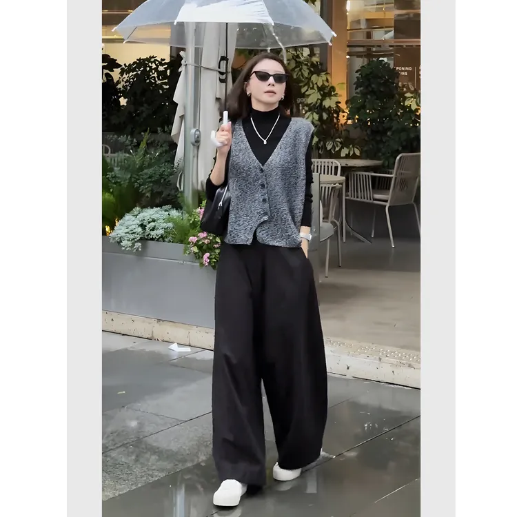 2025秋韩系一整套ootd穿搭小个子灰色针织马甲内搭叠穿三件套装女