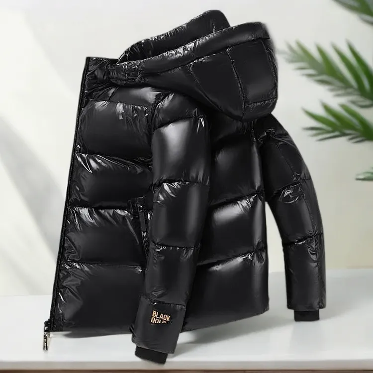 AEROMRGEN黑金亮面羽绒服男女短款黑色可拆帽新款超厚款极寒外套