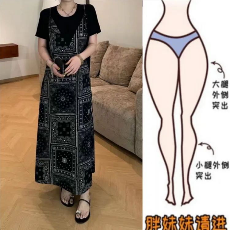 夏季薄款梨型身材圆领宽松显瘦时尚假两件拼接不规则花纹连衣裙