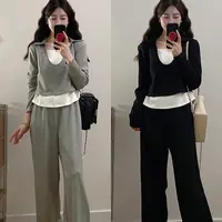 【涵胖胖】新款大码女休闲撞色假两件长袖T恤阔腿裤套装21377【B】