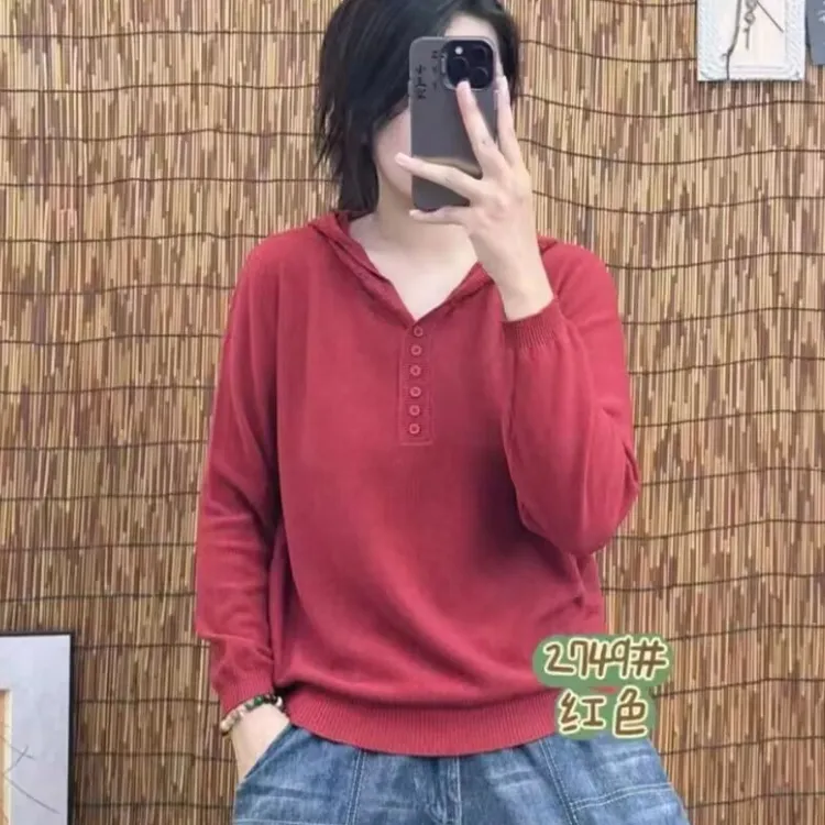 时尚休闲百搭显瘦纯色针织帽衫