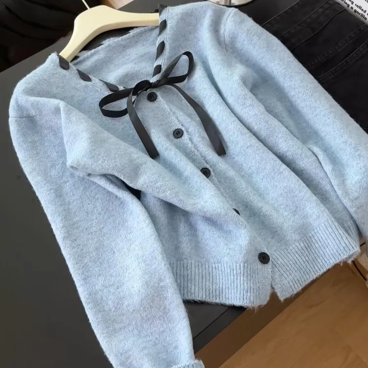 小香风温柔蝴蝶结设计感毛衣外套女秋季甜美小众设计感针织开衫