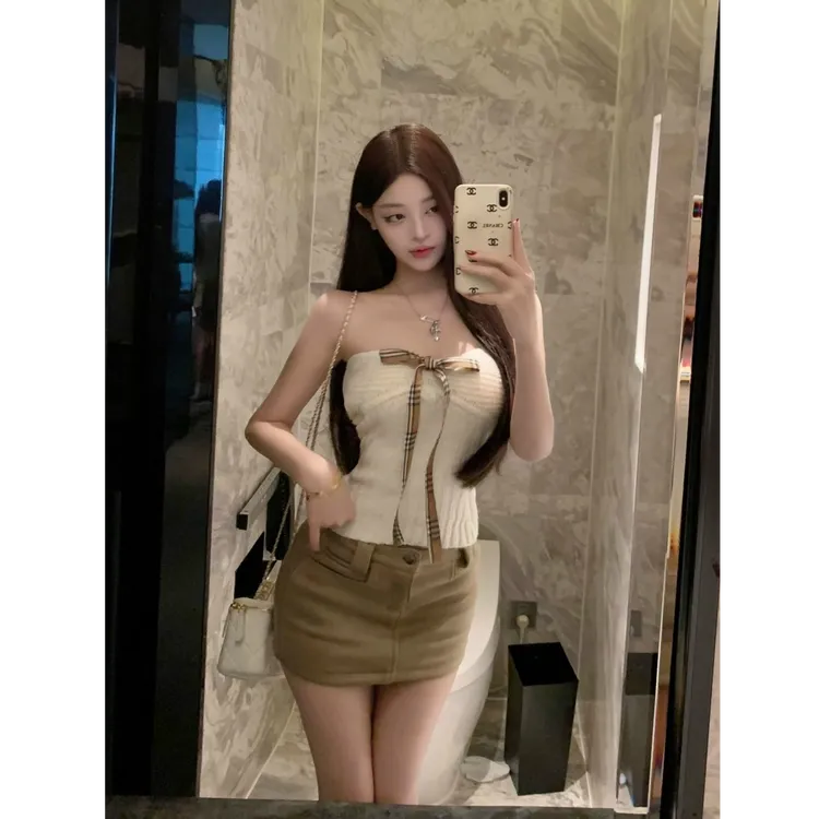 2026春季新品纯欲风抹胸上衣针织背心蝴蝶结内搭配显瘦半身裙套装