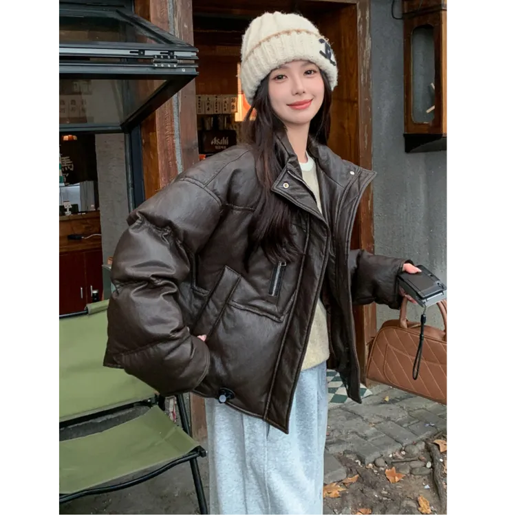 霍文萨列复古机车pu皮衣白鸭绒羽绒服女冬小个子加厚面包服短外套