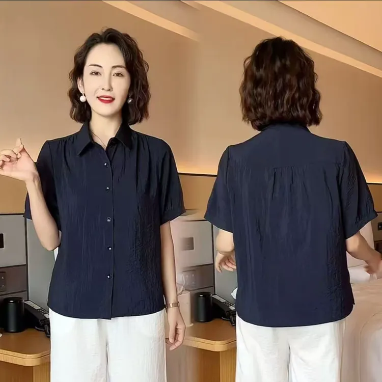 夏季衬衫新款时尚洋气百搭气质显瘦薄款妈妈宽松大码短袖衬衣上衣