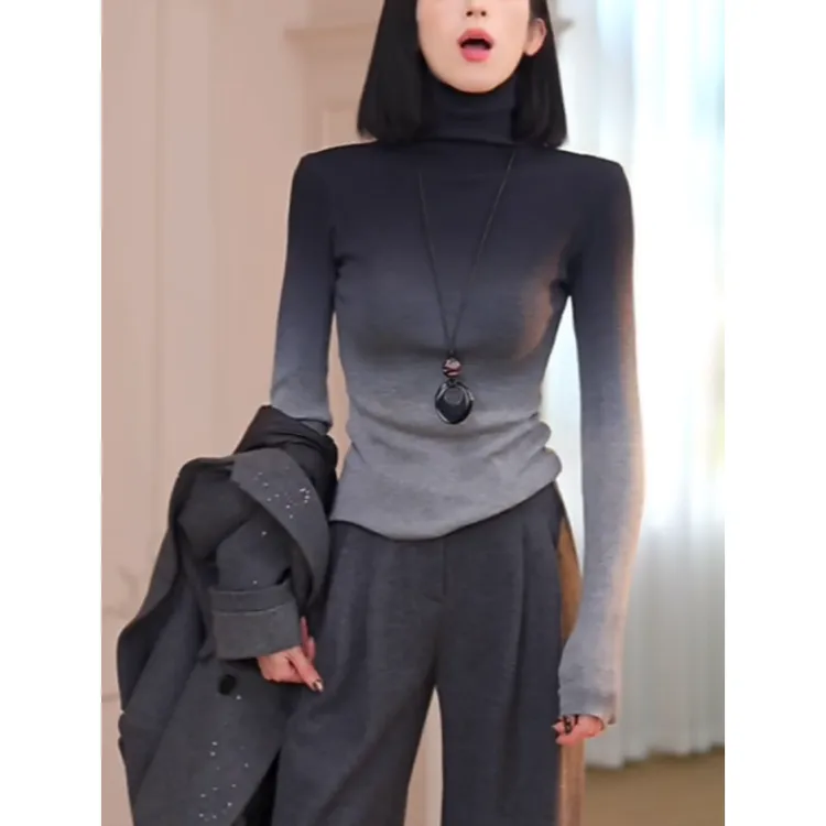 高级感渐变色堆堆高领针织衫女2025秋冬新款时尚打底百搭晕染上衣